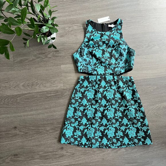 NWT HUTCH Teal & Black Jacquard Cut Out Mini Sleeveless Dress - Picture 7 of 13